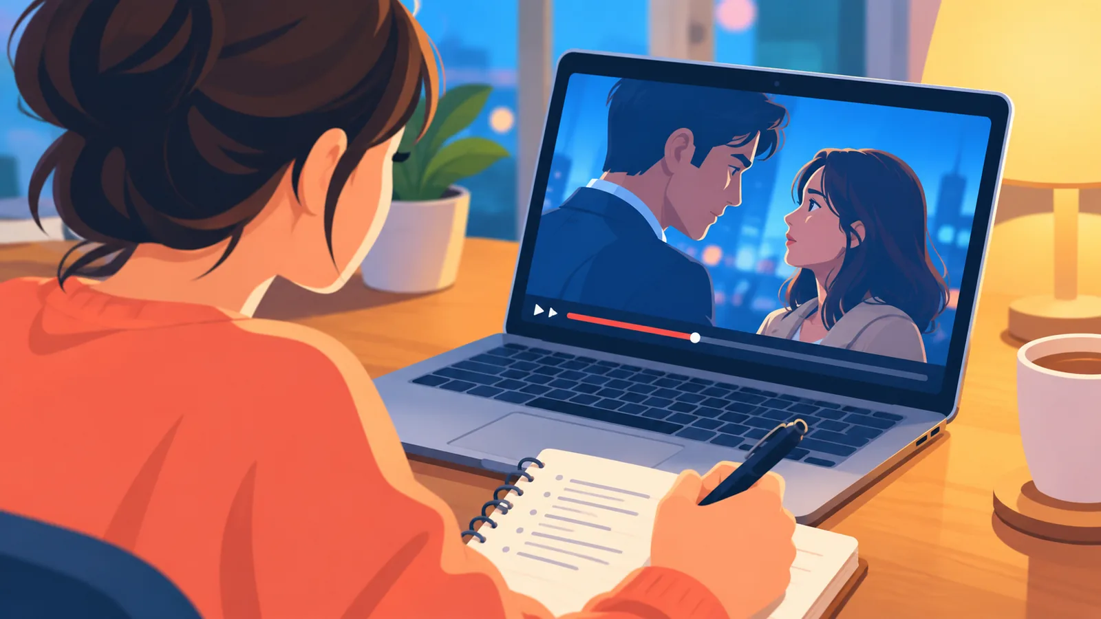 Person taking notes while a drama series plays on a laptop