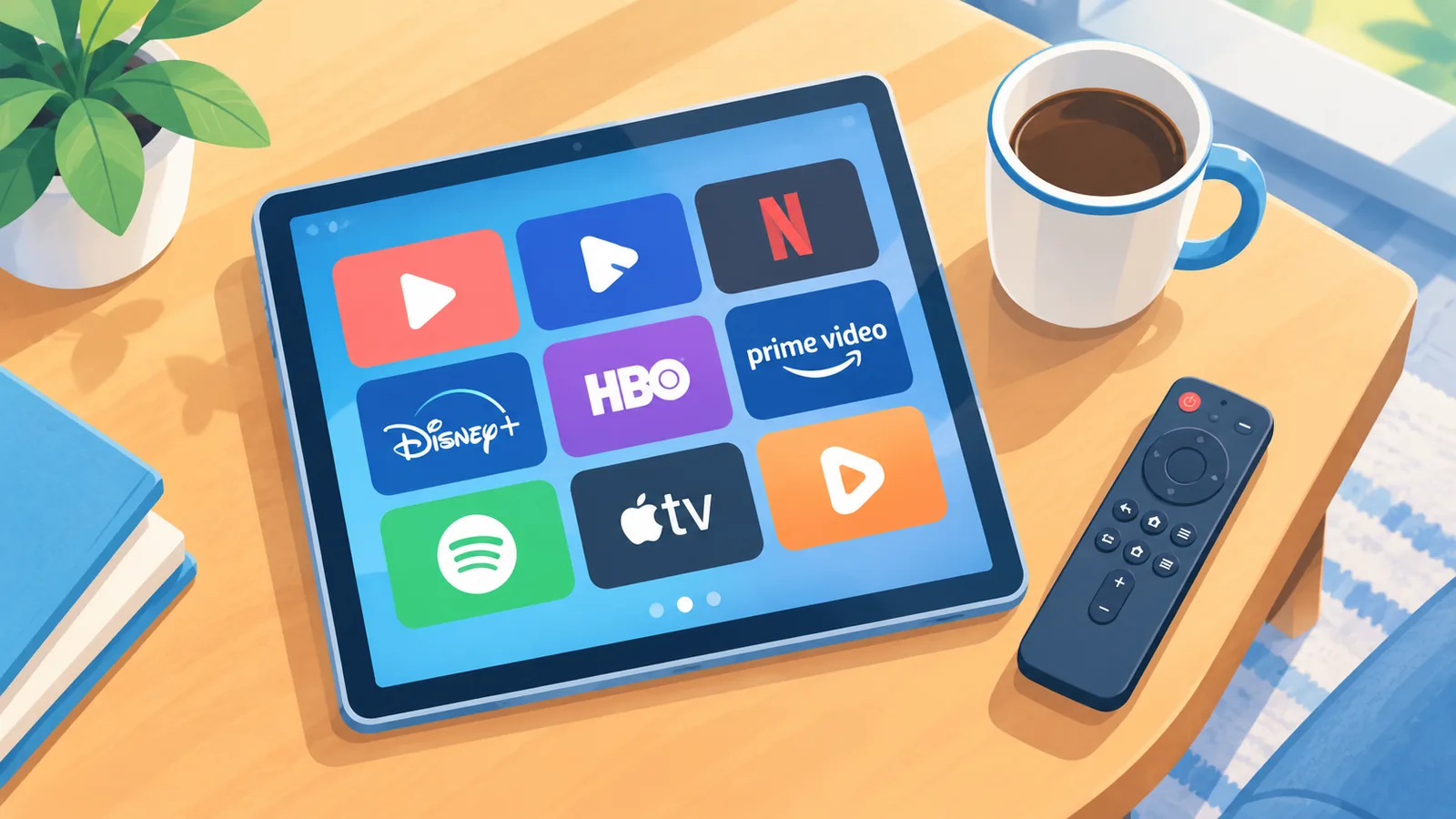Tablet showing a grid of streaming apps on a coffee table
