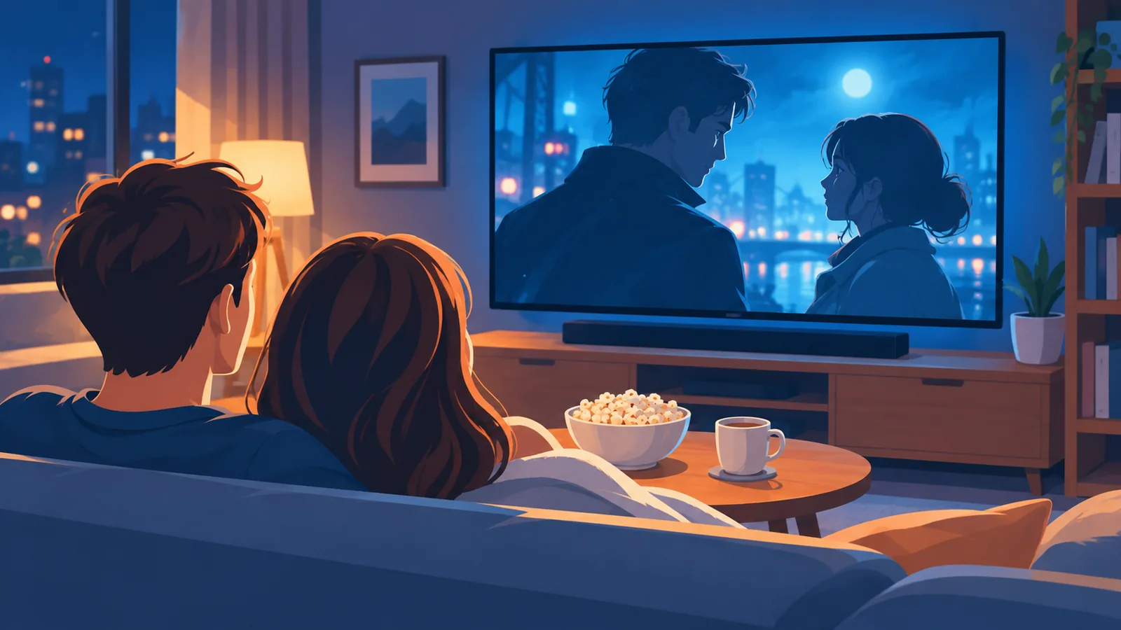 Living room with a large TV showing a dramatic scene at night