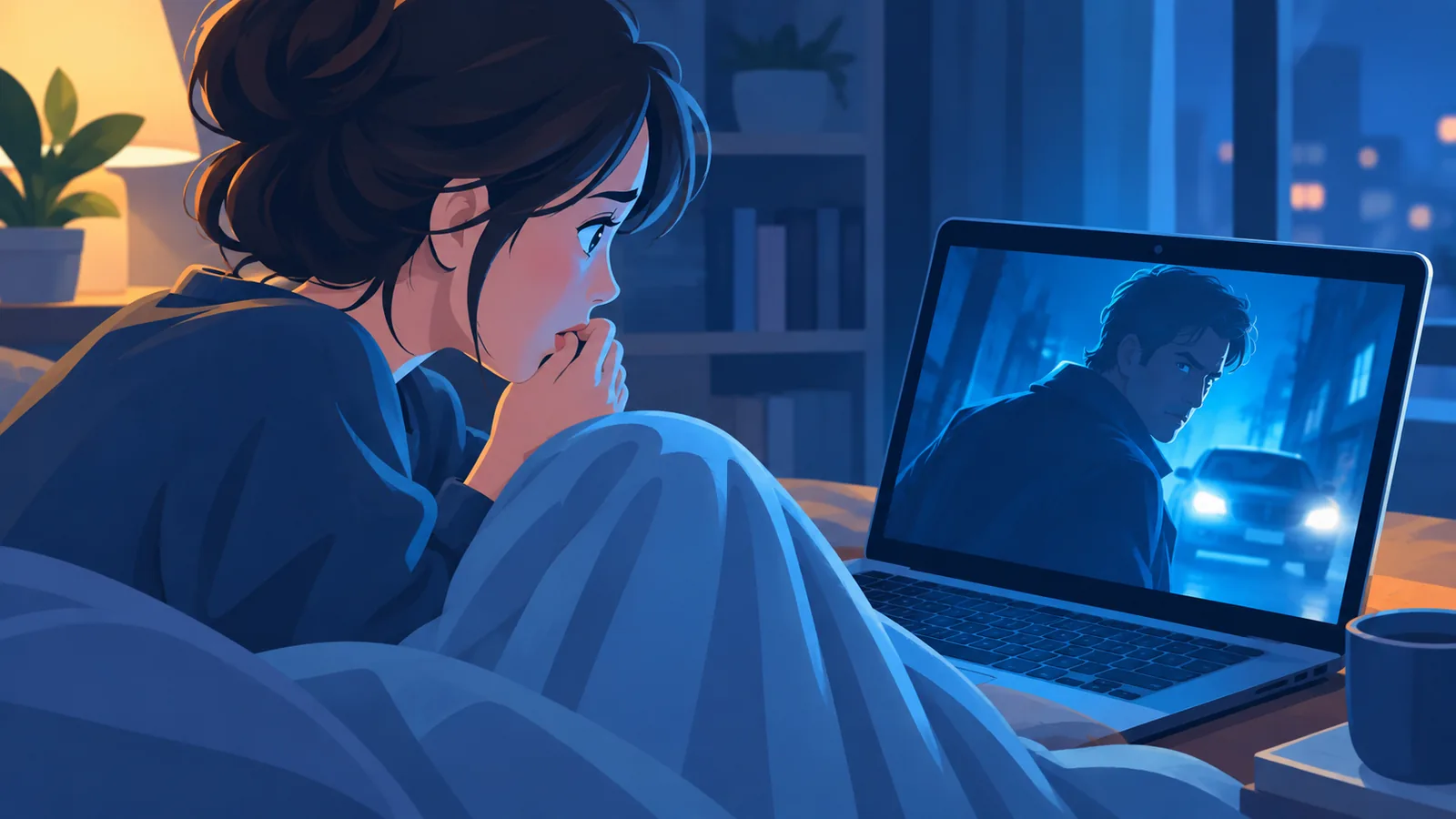 Dark room with a laptop showing a tense thriller scene