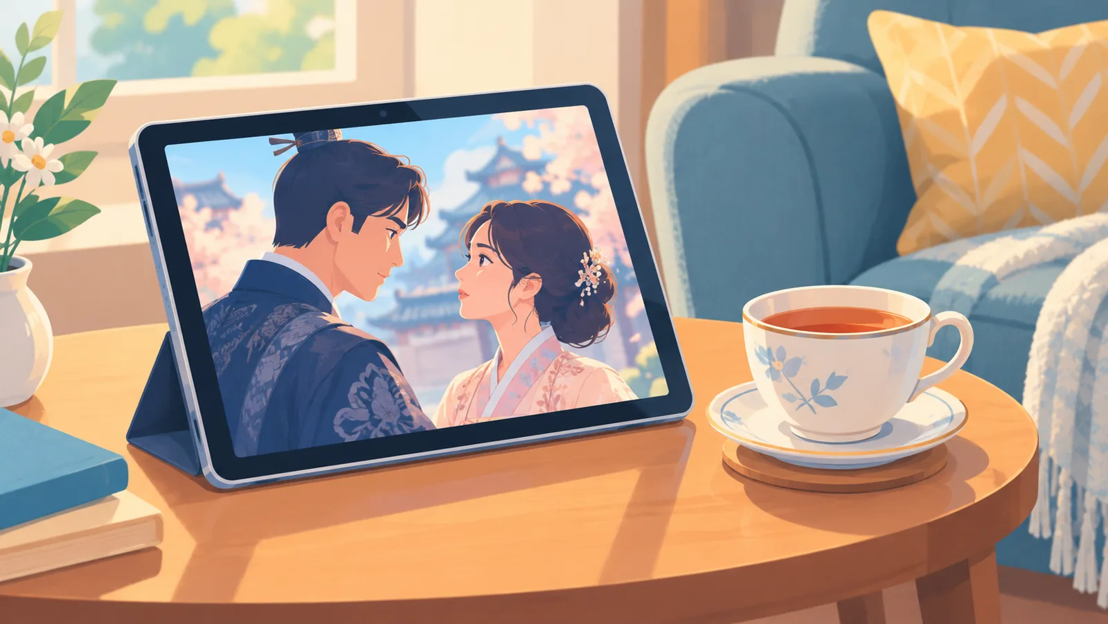 Tablet beside a teacup showing a period costume drama