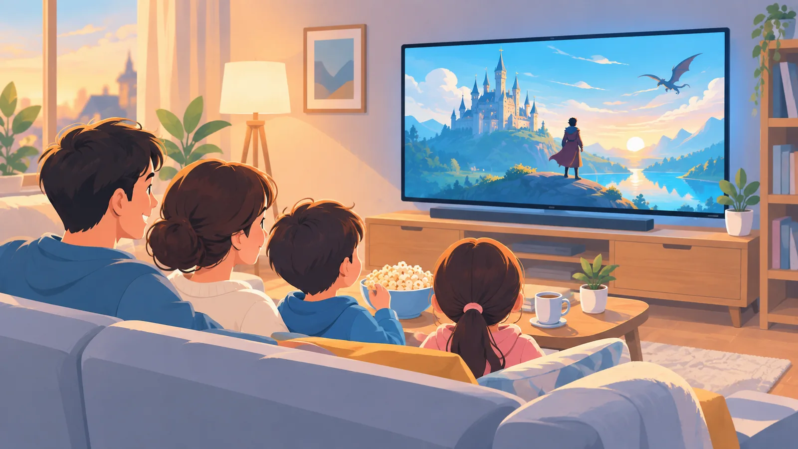 Family on a sofa watching a drama together