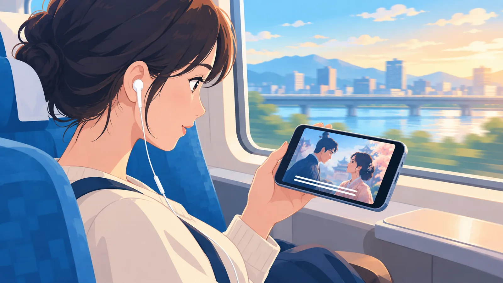 Commuter watching a subtitled drama on a smartphone