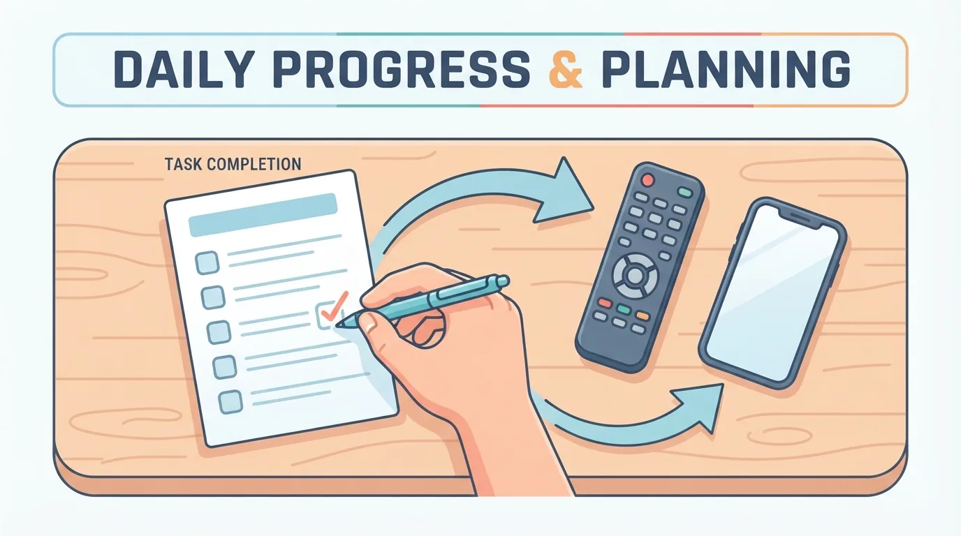 Hand ticking a paper checklist beside a TV remote