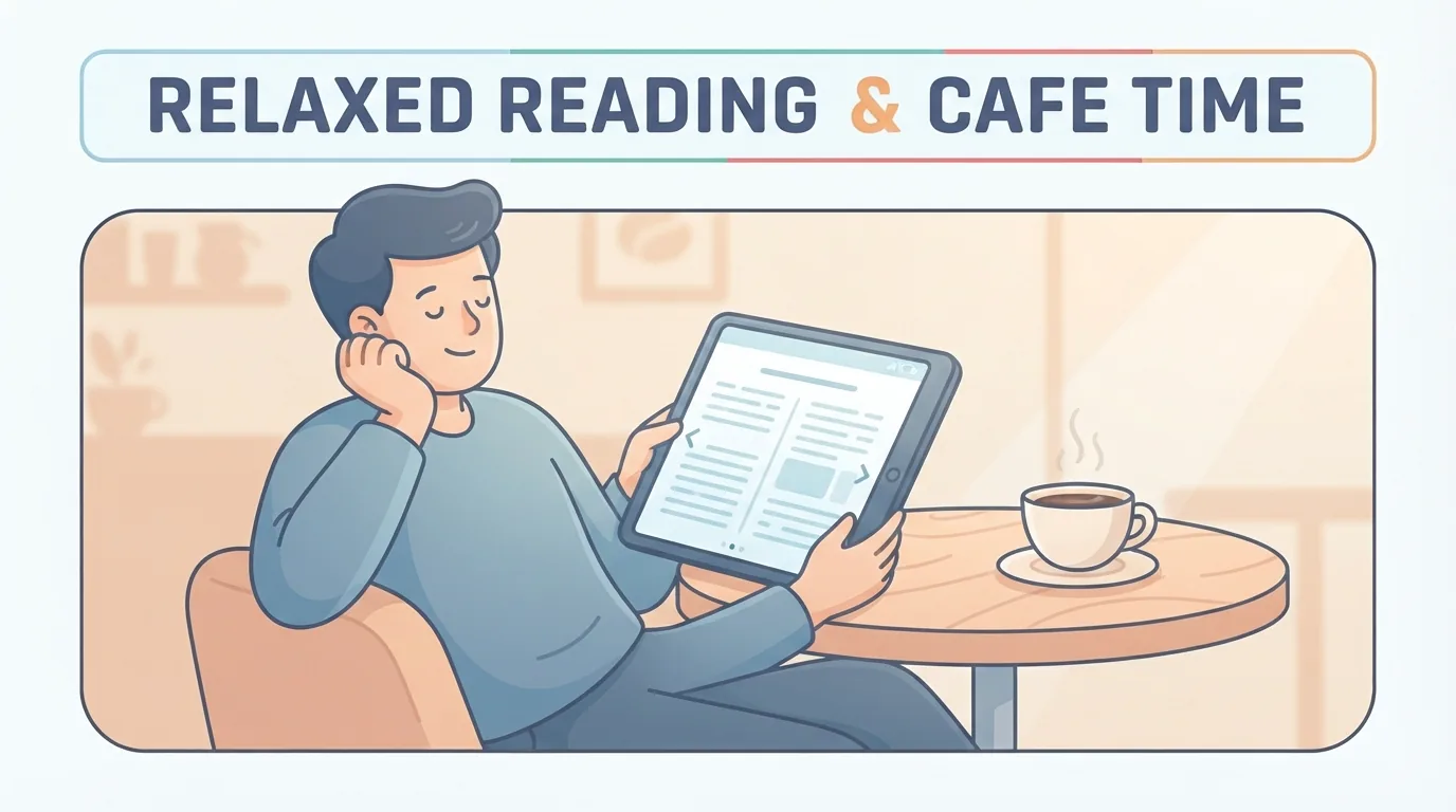 Person reading answers on a tablet at a cafe table