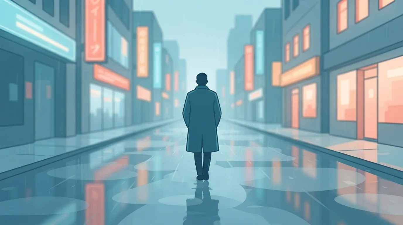 Lone figure on a rainy night street evoking a spy thriller