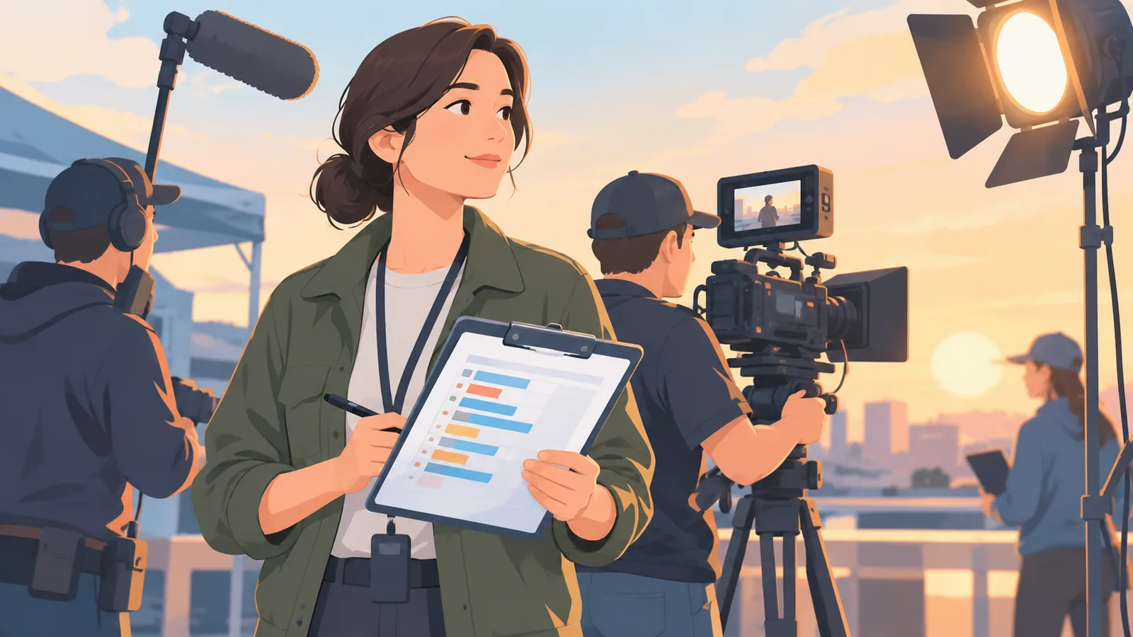 Film producer holding a shooting schedule on a busy set