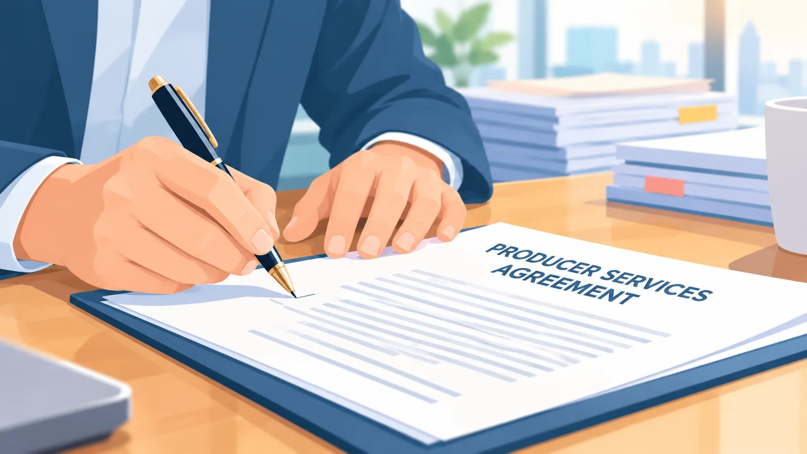 Hands signing a producer agreement at a conference table