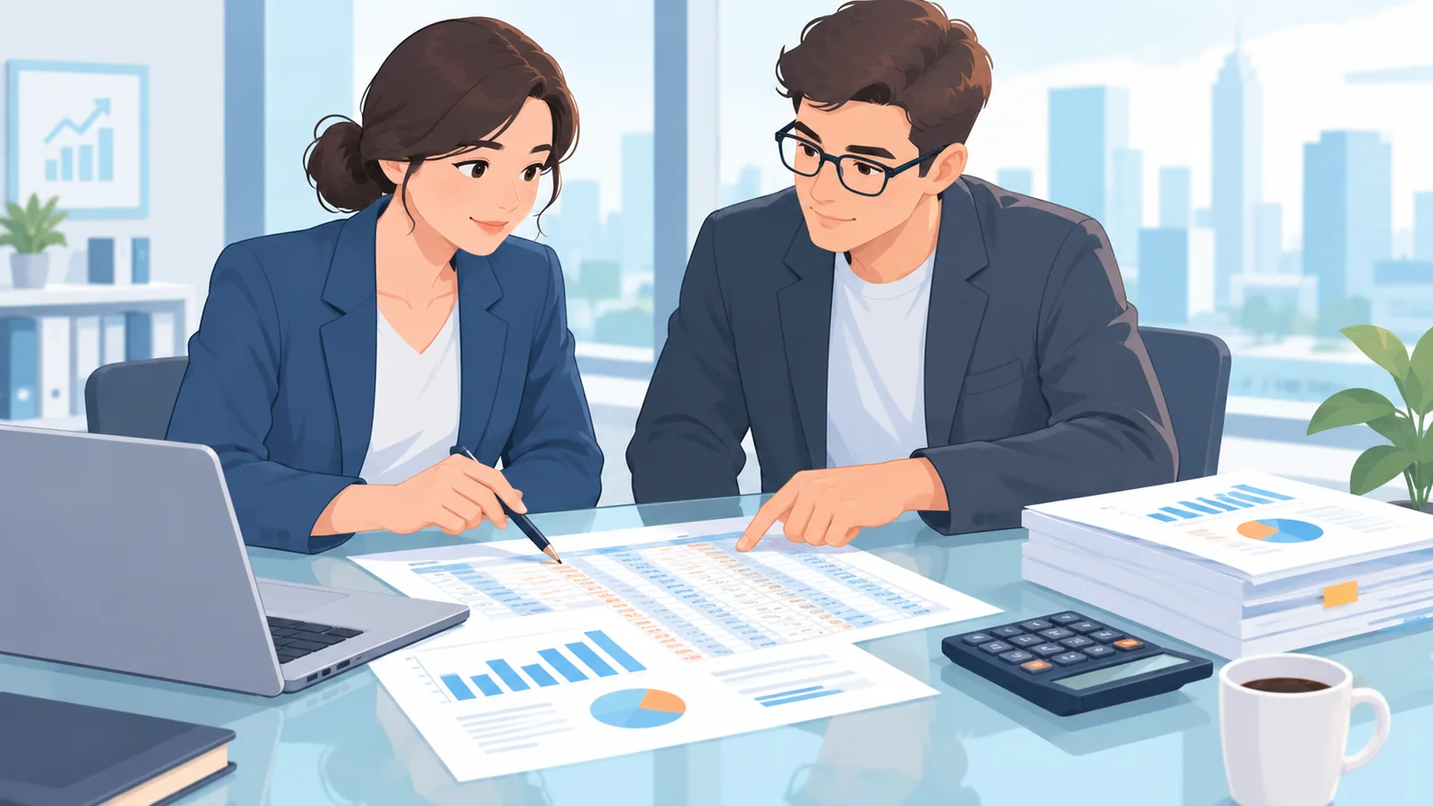 Producer and accountant reviewing profit statements