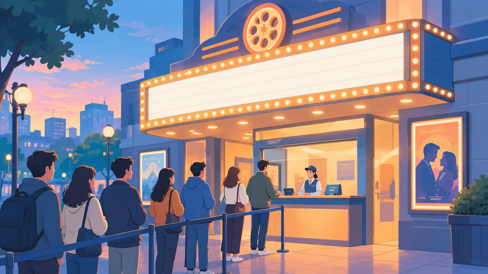 Movie theater marquee at dusk with moviegoers in line