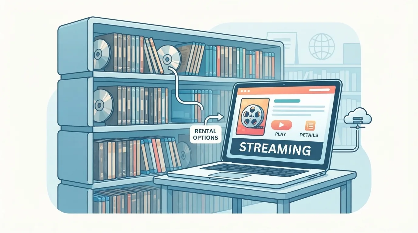 Film disc shelves and a laptop showing digital rentals
