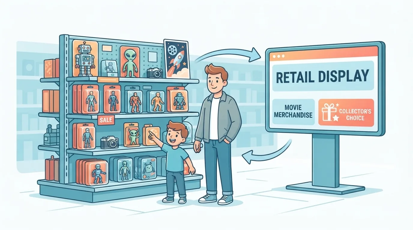 Movie-themed toys and posters in a store aisle