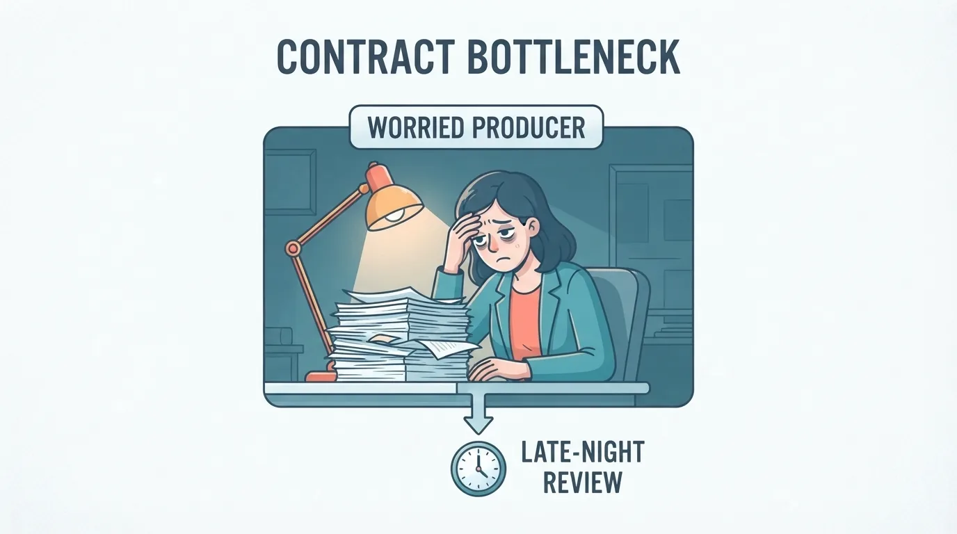 Producer reviewing contracts late at night