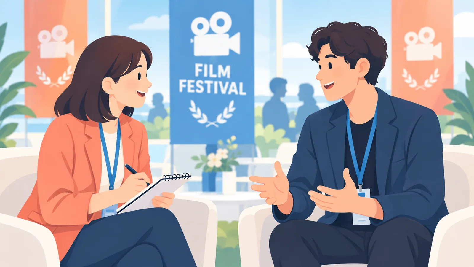 Two people talking in a film festival lounge
