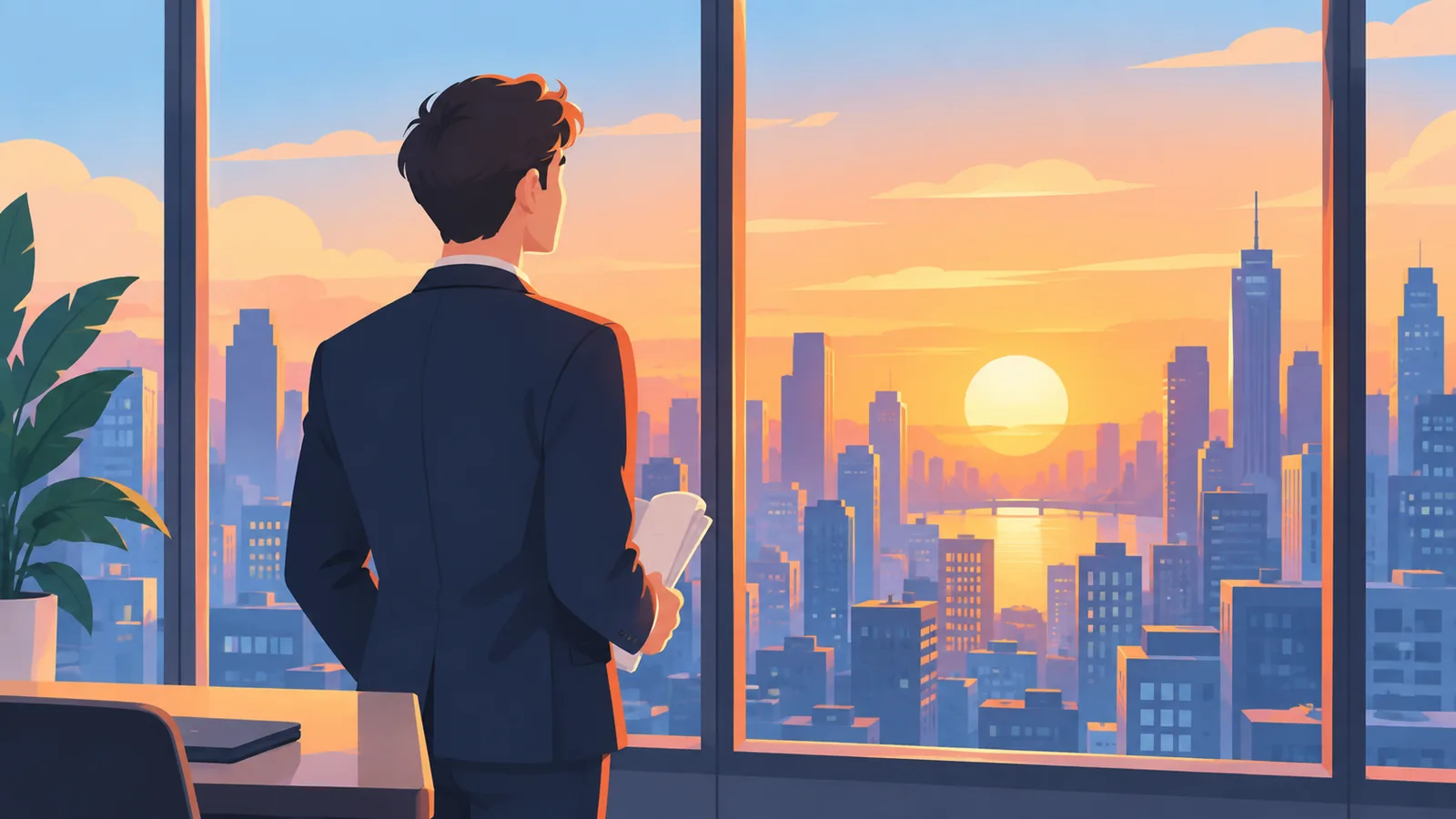 Producer looking out at a city skyline at sunset