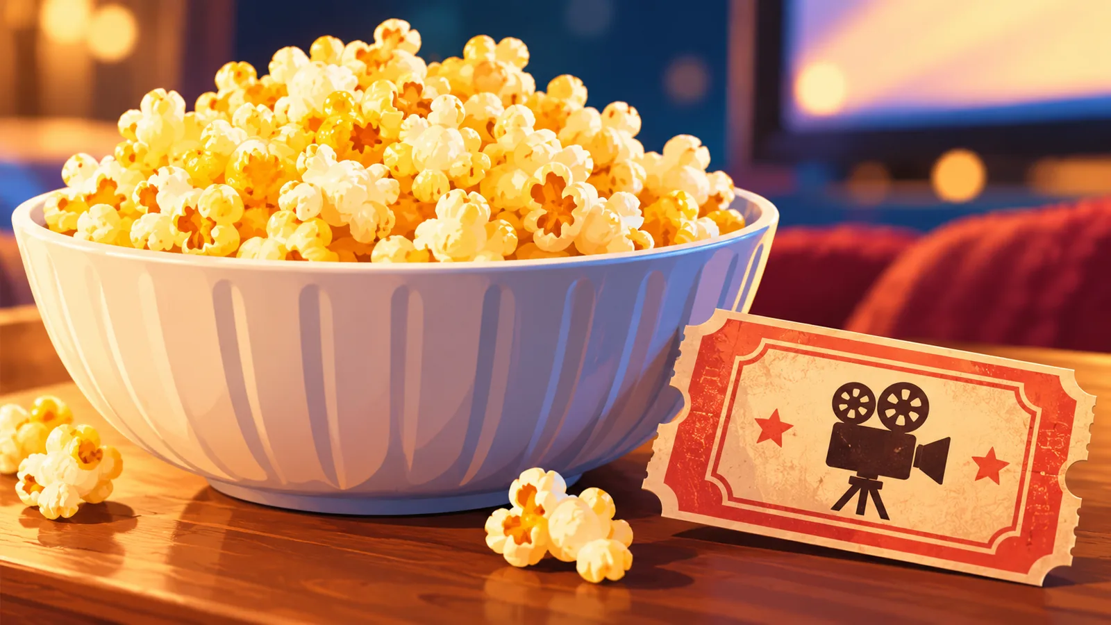 Bowl of golden popcorn beside a movie ticket stub