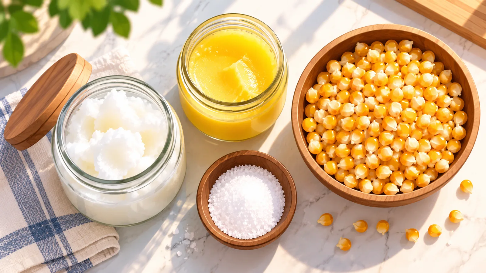 Popcorn ingredients laid out on a kitchen counter