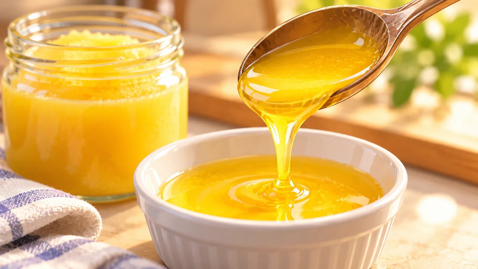 Clear melted ghee being poured into a small dish