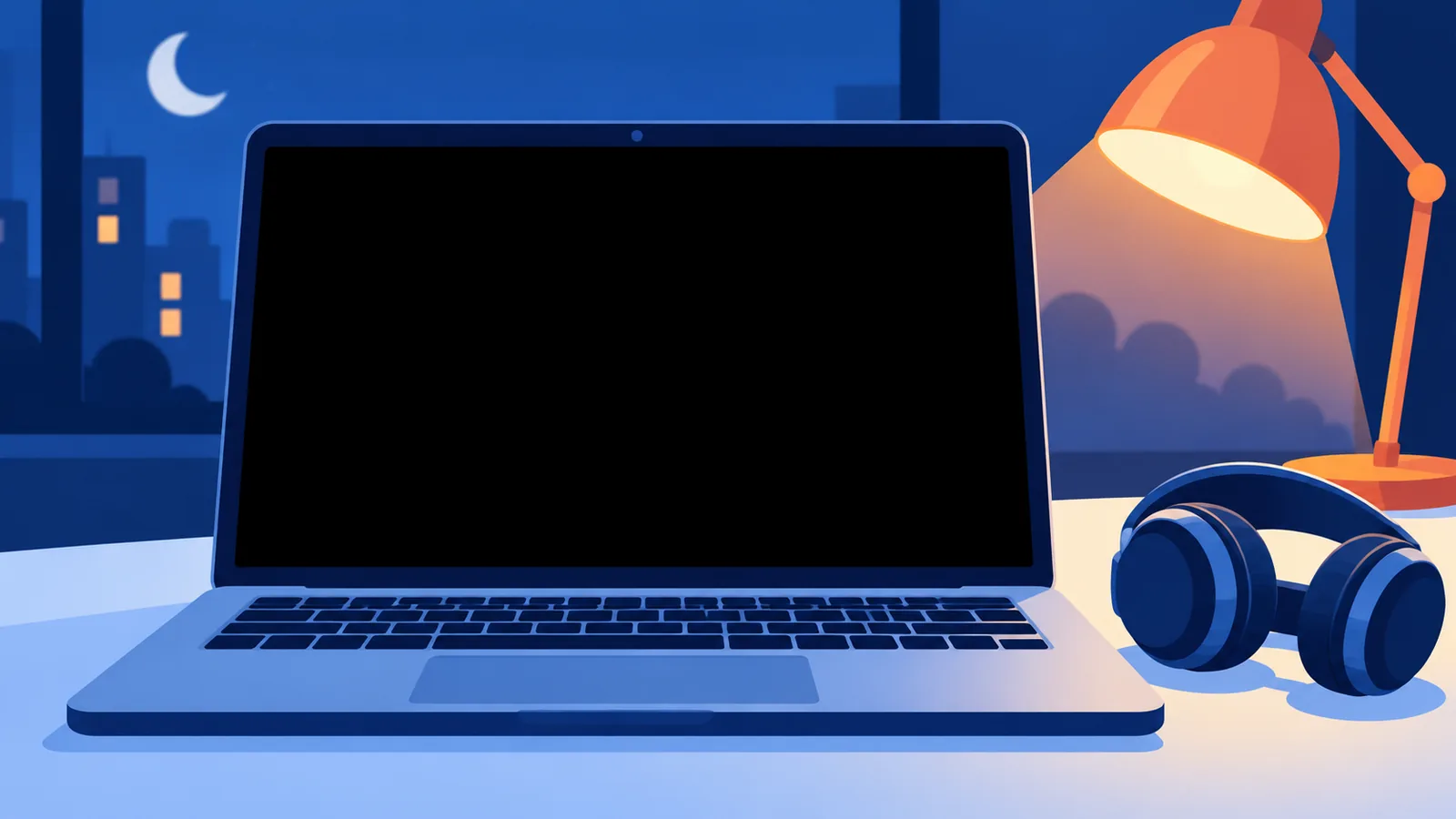 Laptop showing a black video window next to headphones