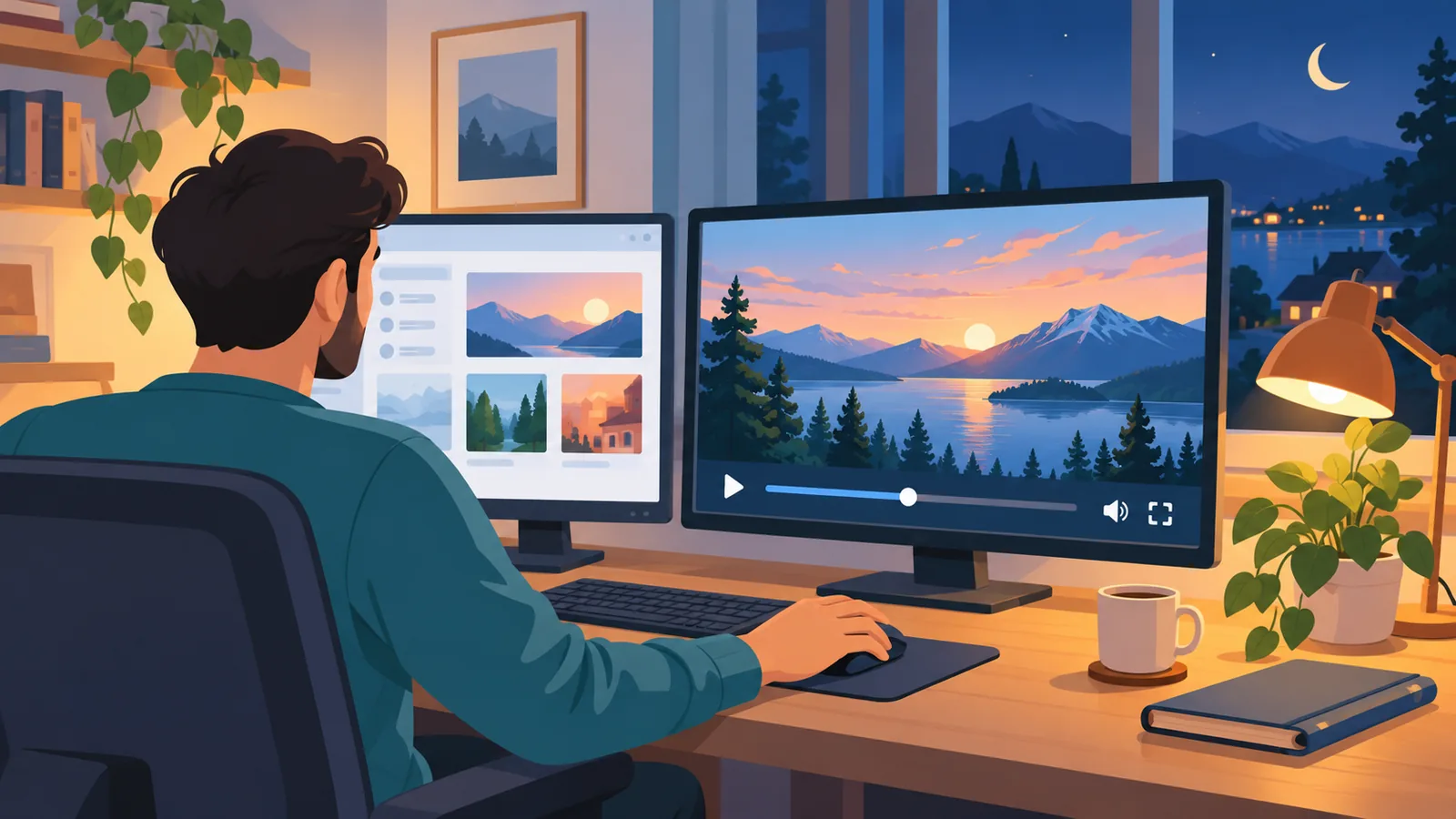 Person preparing to share a movie window on a two-monitor desk