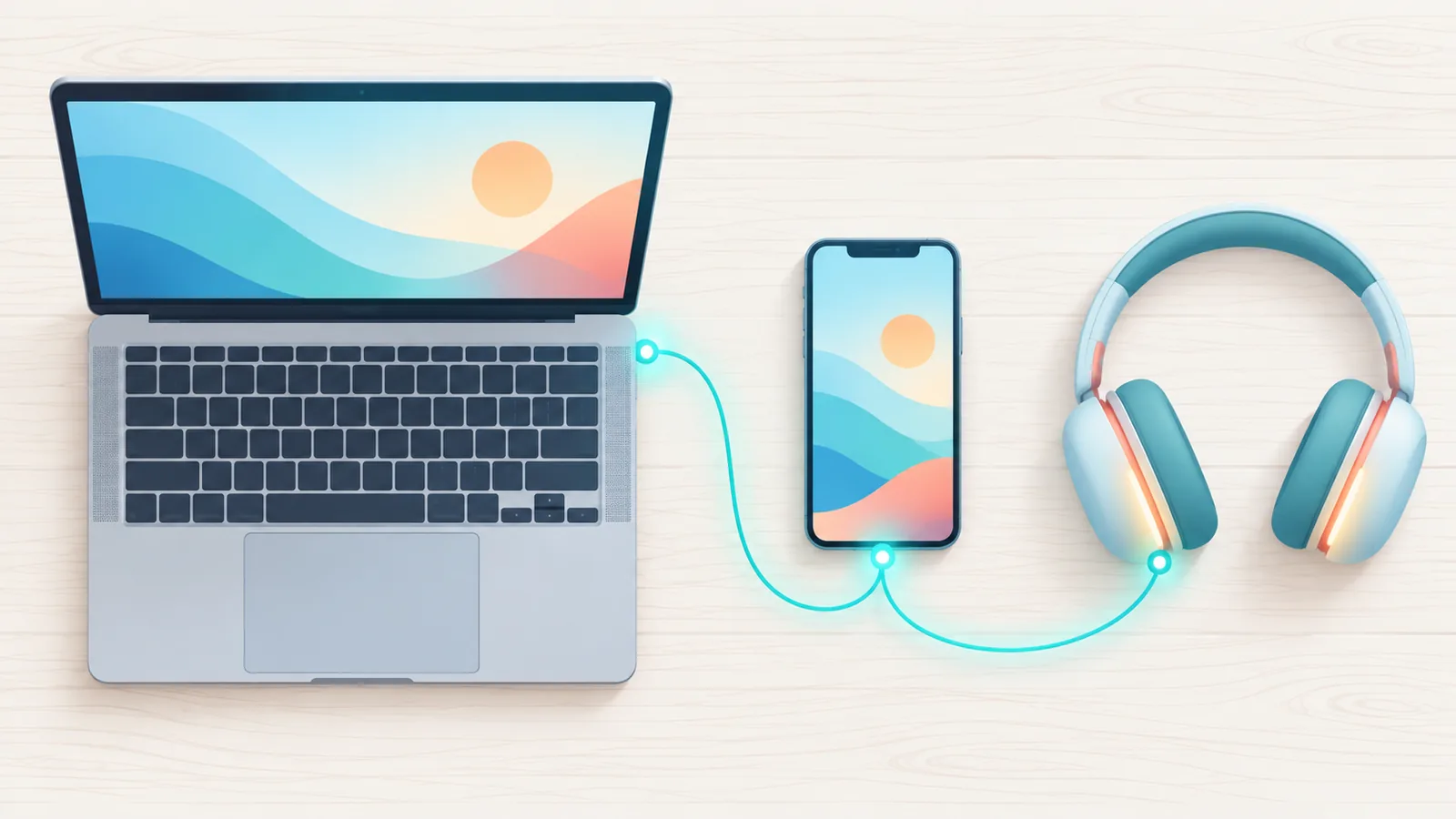Laptop, phone, and headphones laid out on a table