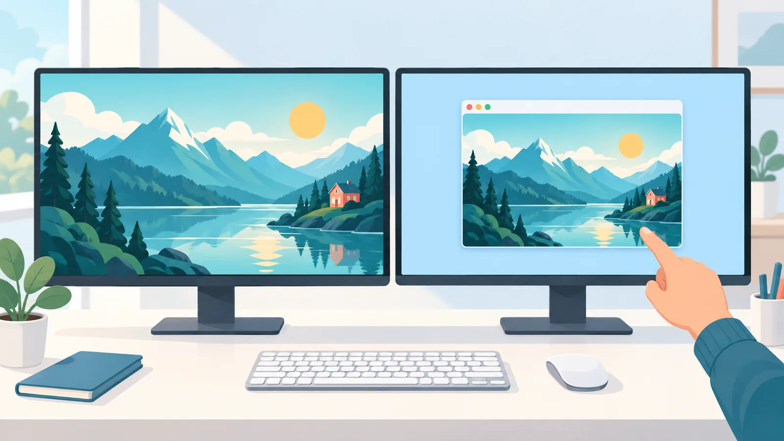 Two monitors showing a full-screen film and a smaller window