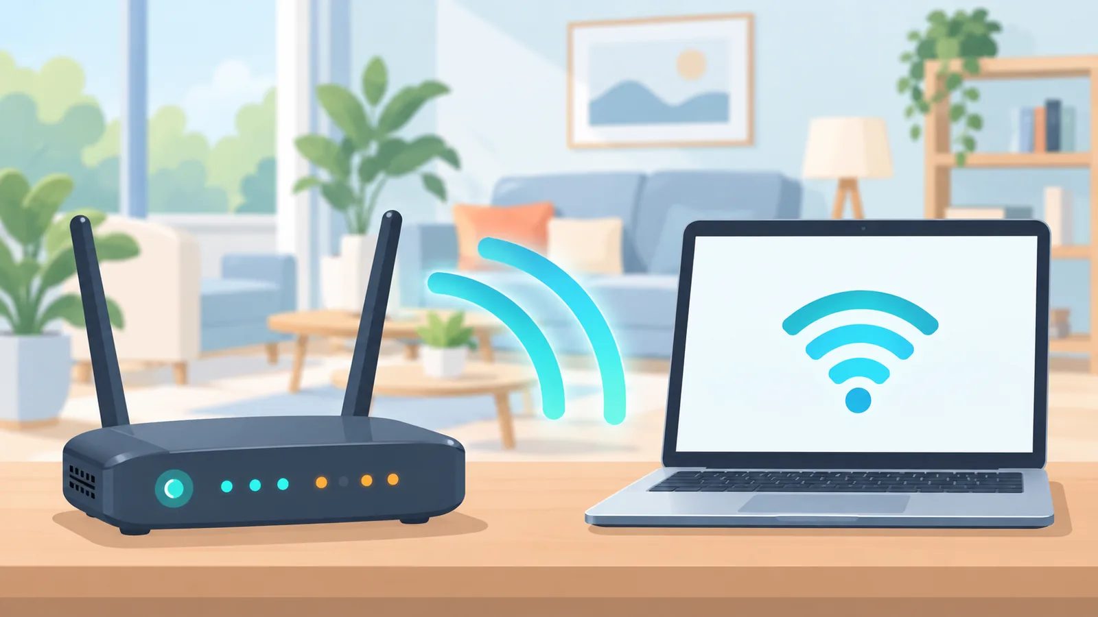 Wi-Fi router with glowing lights beside a laptop