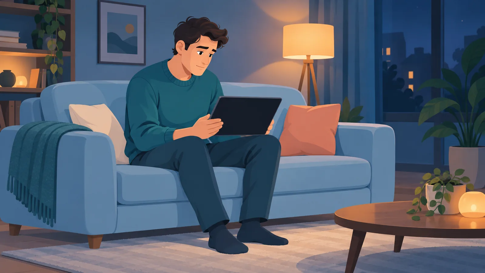 Person studying a tablet with a blank dark video player