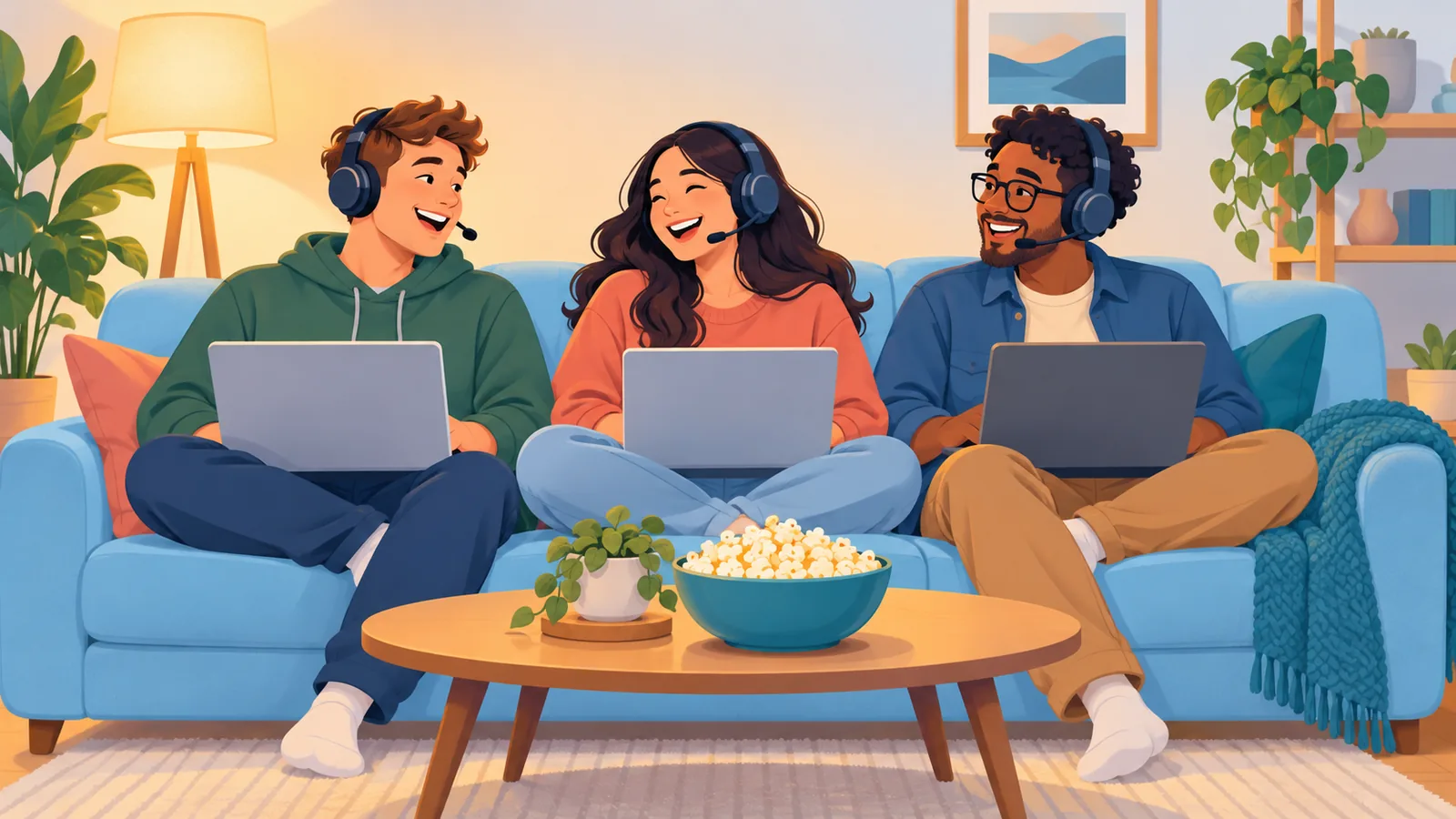 Friends watching a movie together on laptops with headsets