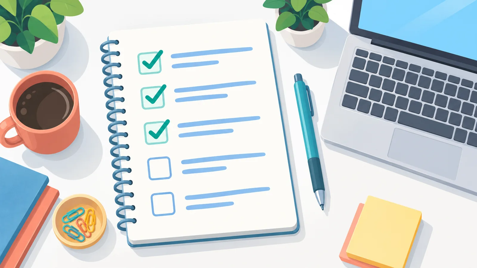 Handwritten troubleshooting checklist next to a laptop