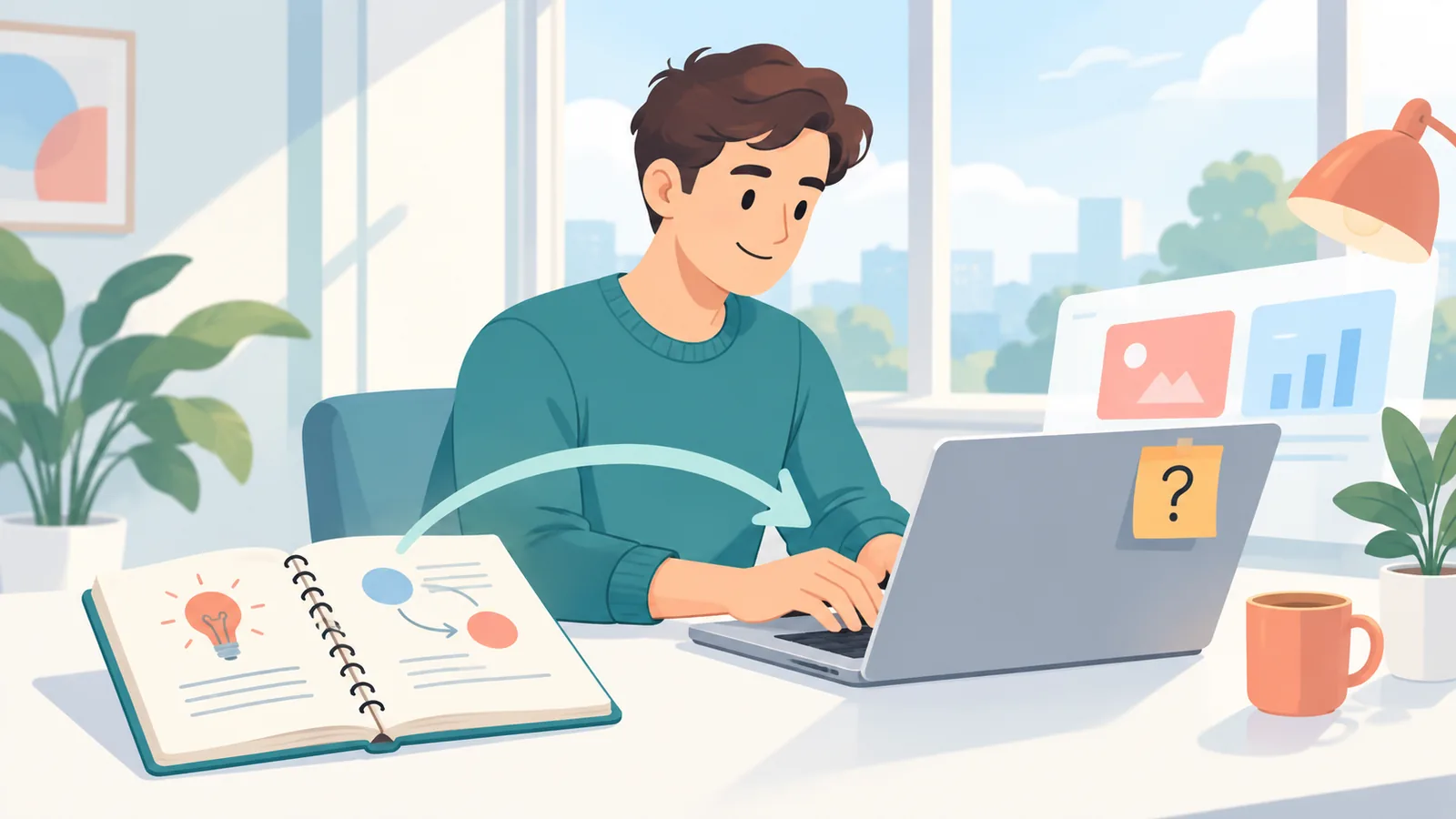 Person looking up answers on a laptop at a bright desk