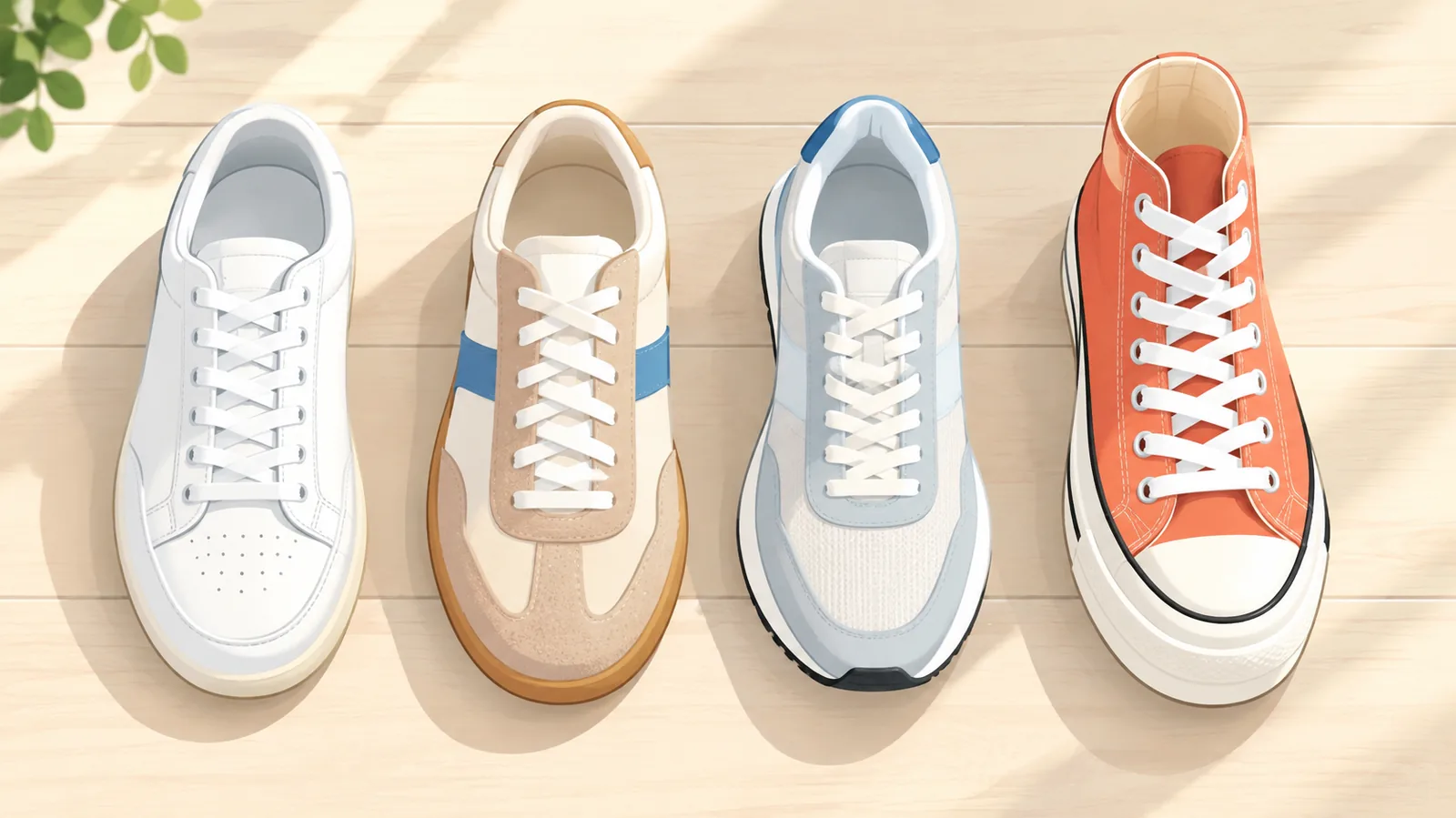 Four women’s fashion sneakers lined up on a light surface