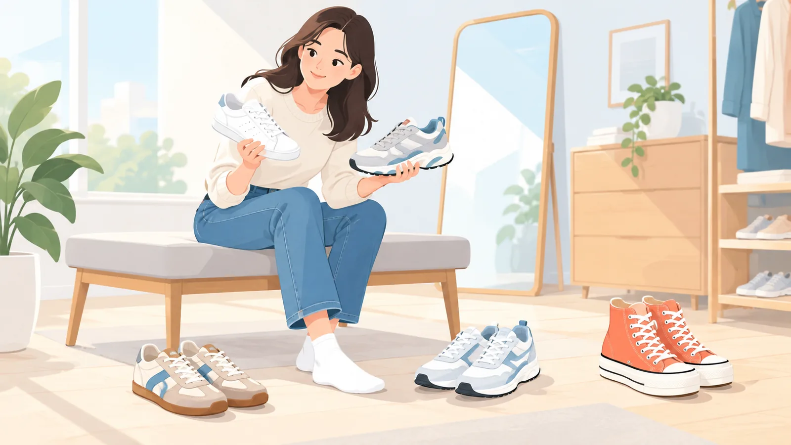 Woman comparing sneaker styles in a bright dressing area