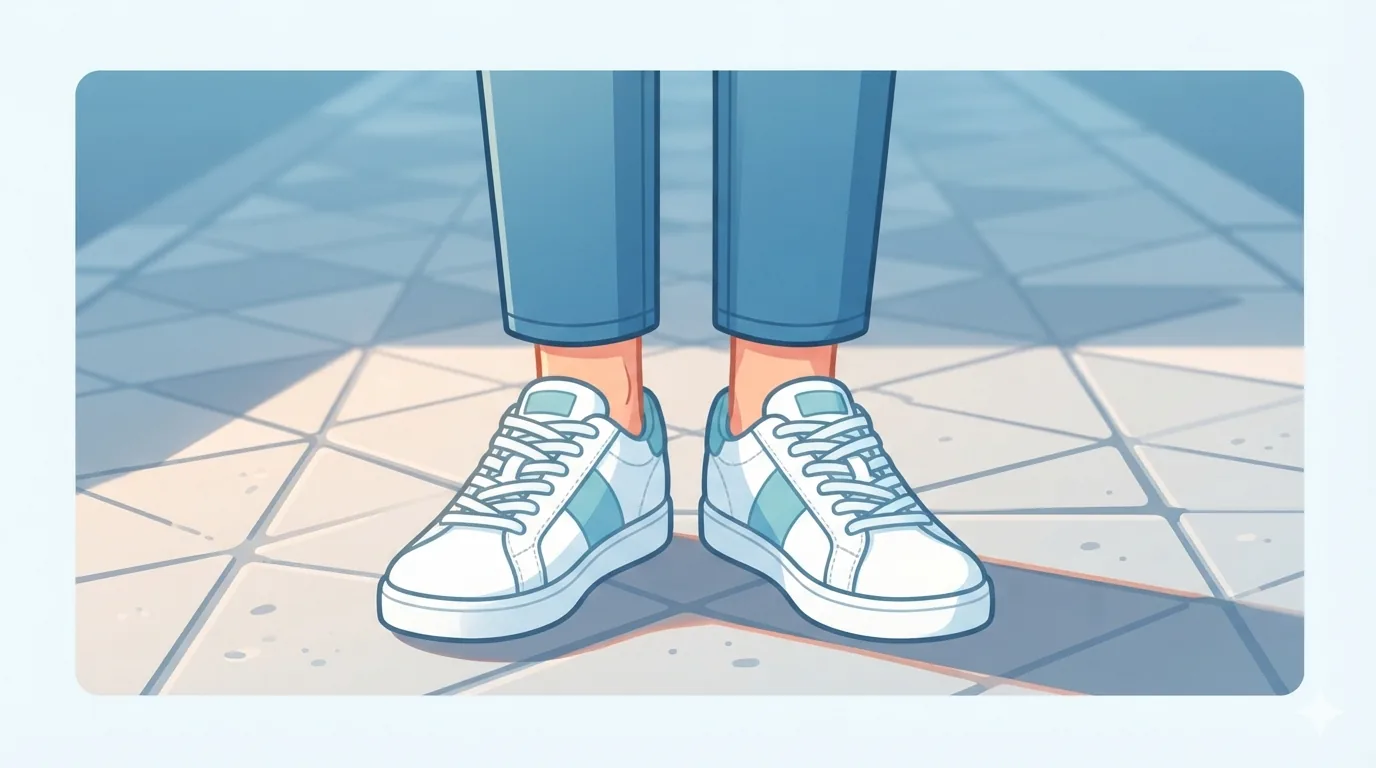 Clean leather low-top sneakers styled with jeans