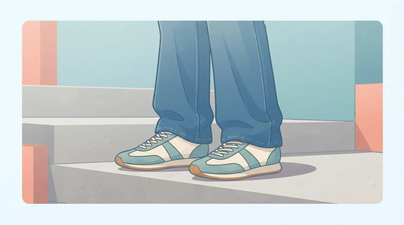 Low-profile retro running sneakers with relaxed denim