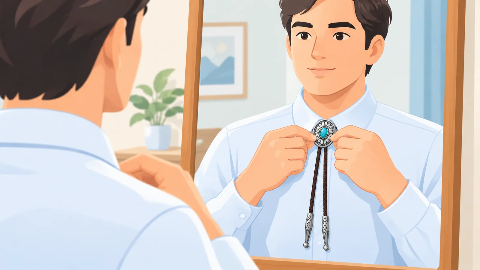 A bolo tie laid flat showing its braided cord, decorative slide, and metal tips