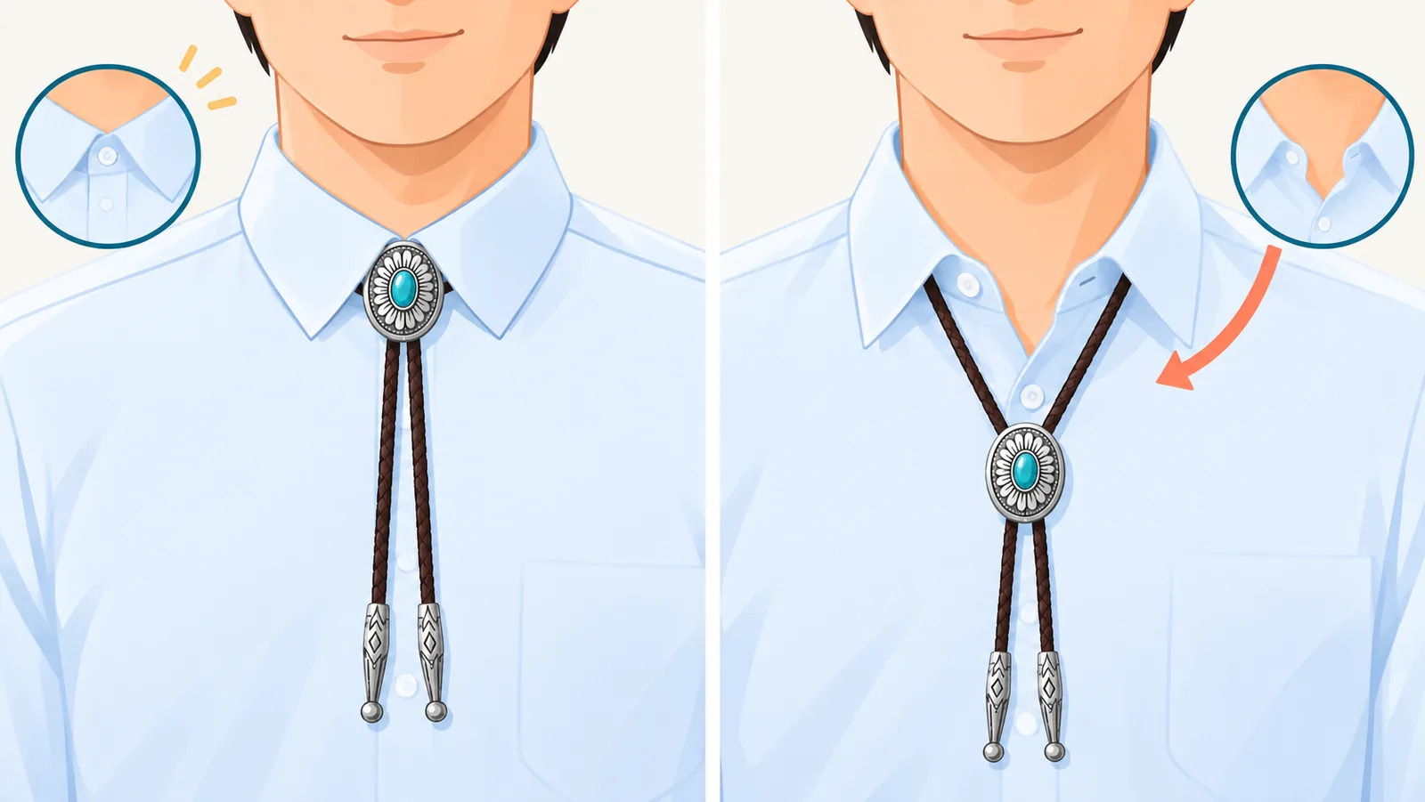 Hands centering a bolo tie slide at the shirt collar in front of a mirror