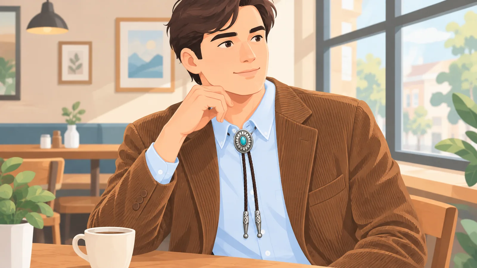 Man in a chambray shirt, jeans, belt, and boots wearing a bolo tie