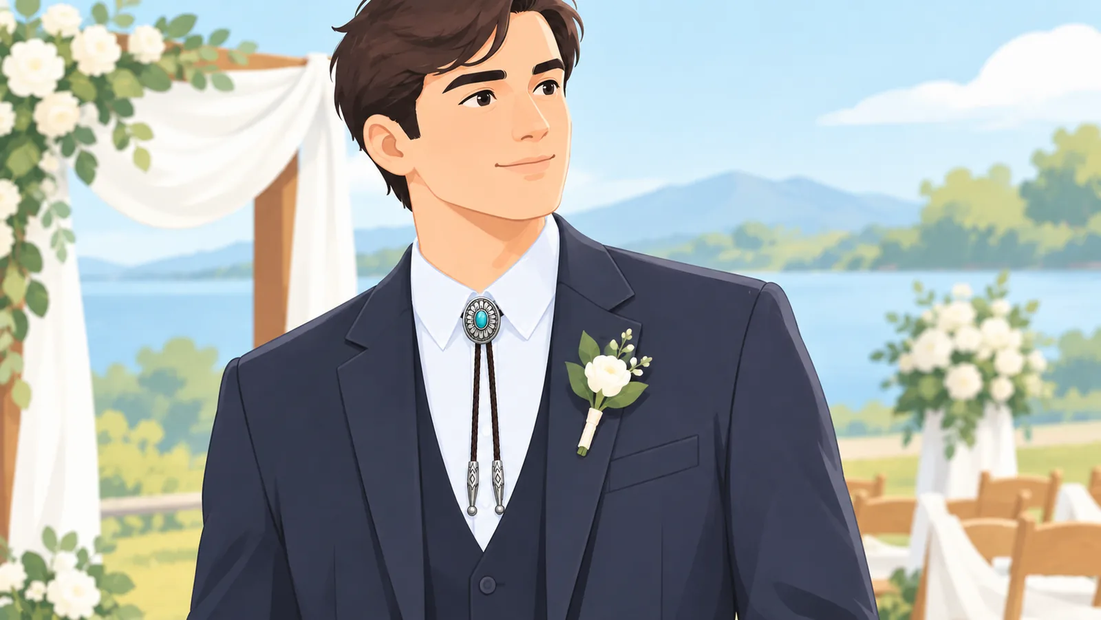 Man in an oxford shirt and corduroy jacket wearing a medium-height bolo tie
