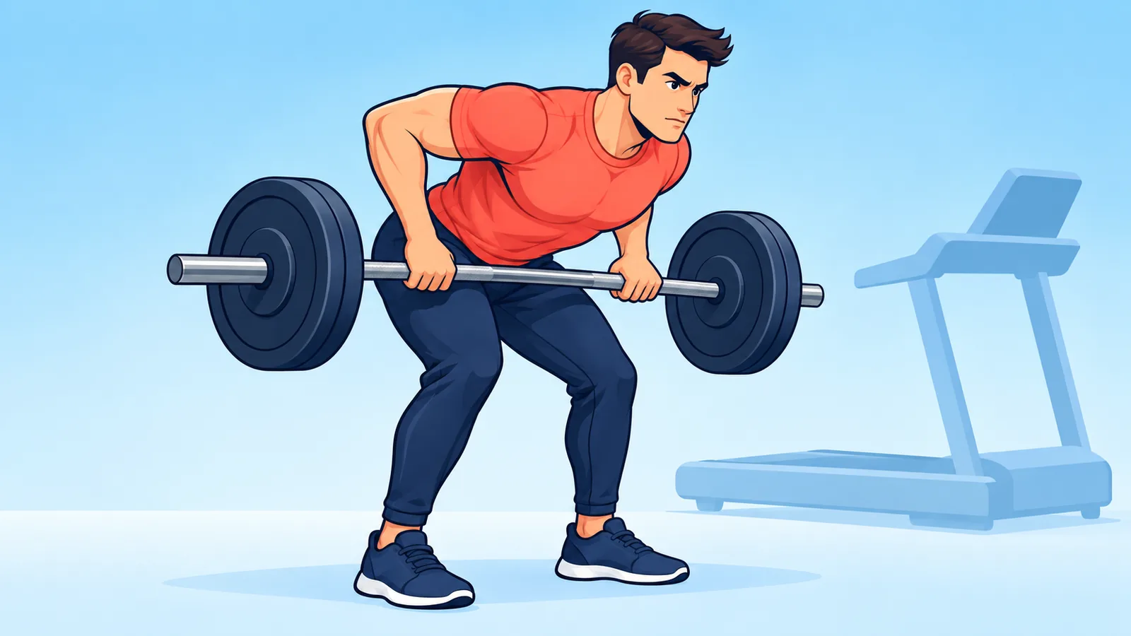 Lifter doing a barbell row with treadmills in the background