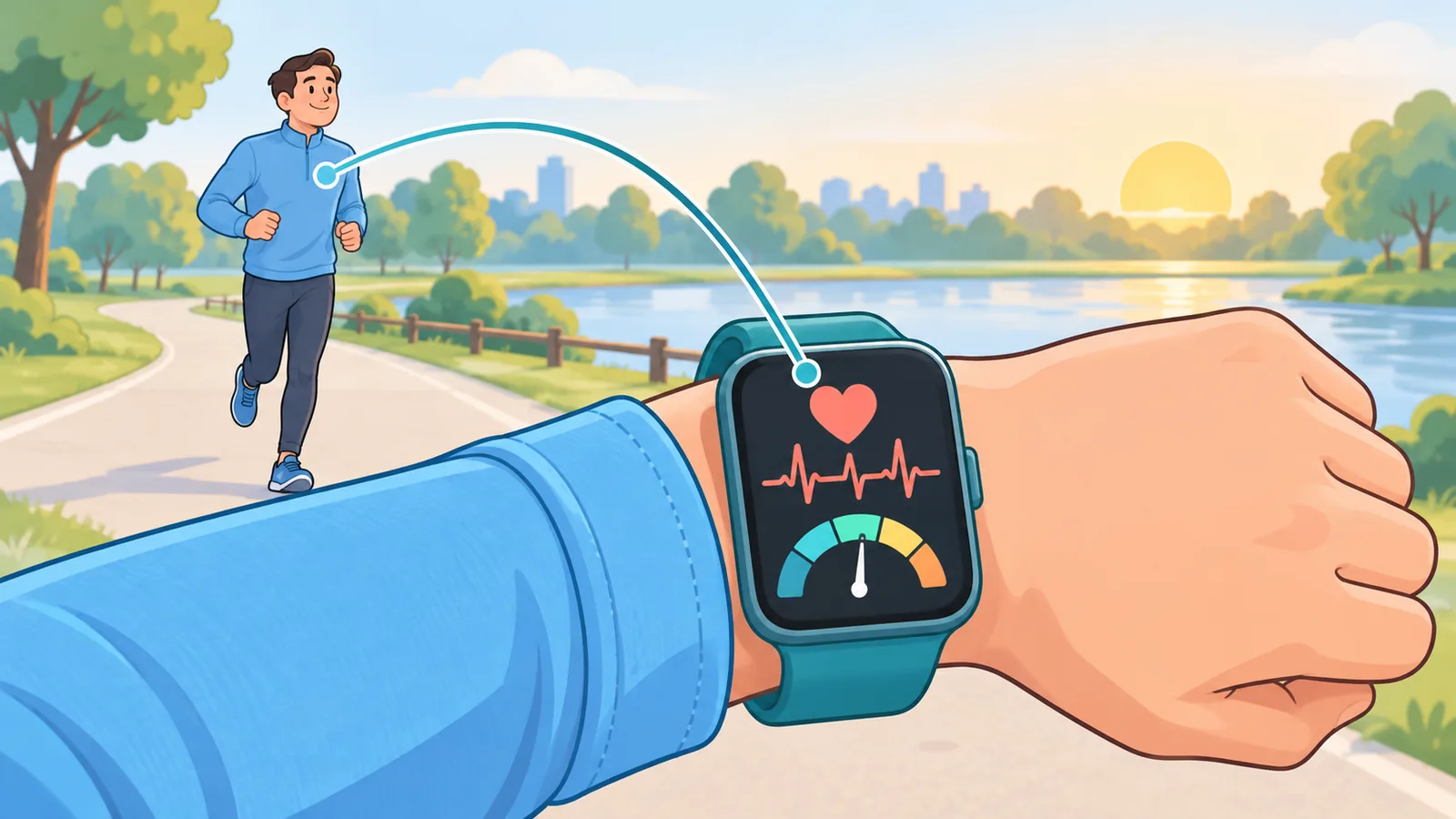 Fitness tracker on a wrist during an easy morning jog