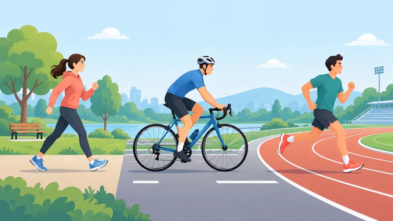 Walking, cycling, and running shown side by side