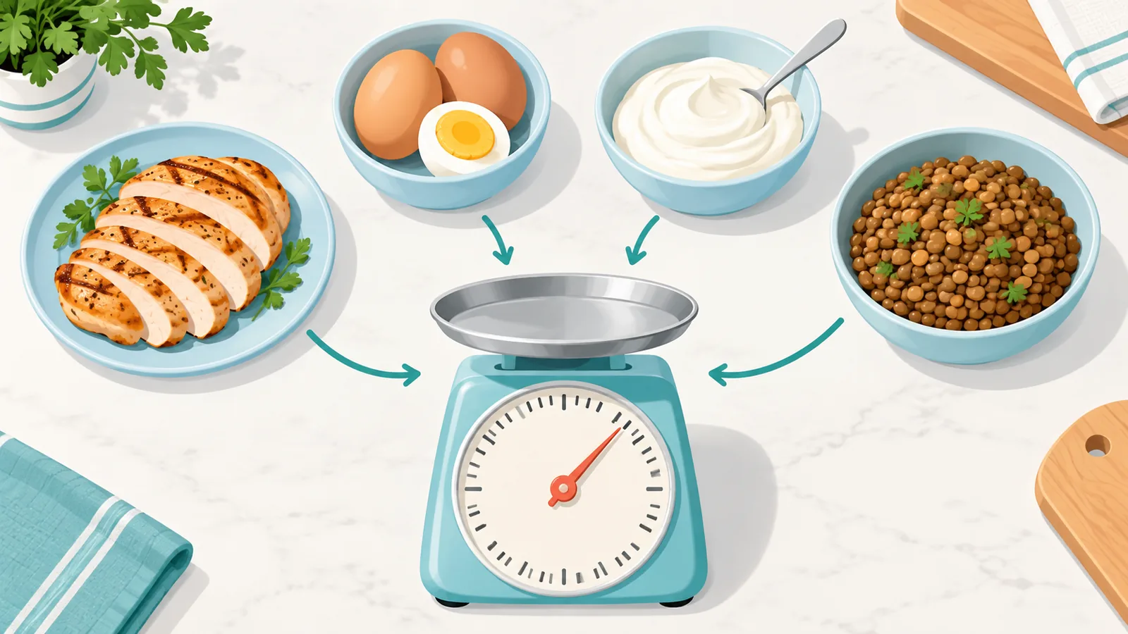 Protein-rich foods arranged on a kitchen counter