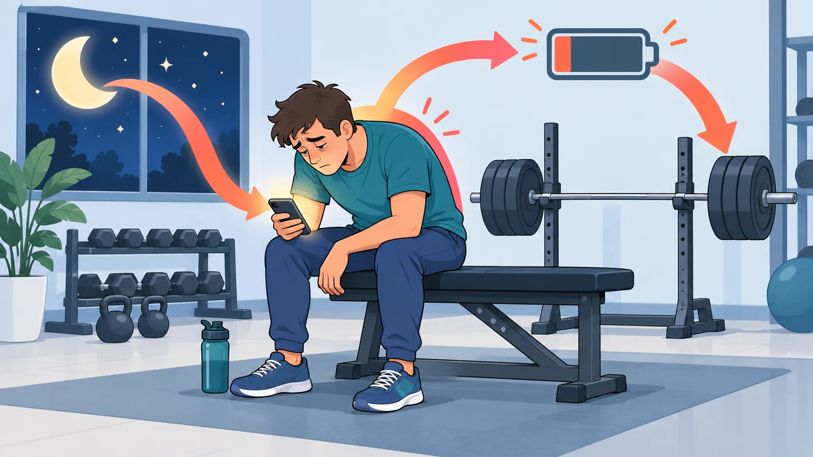 Tired lifter resting on a gym bench at night