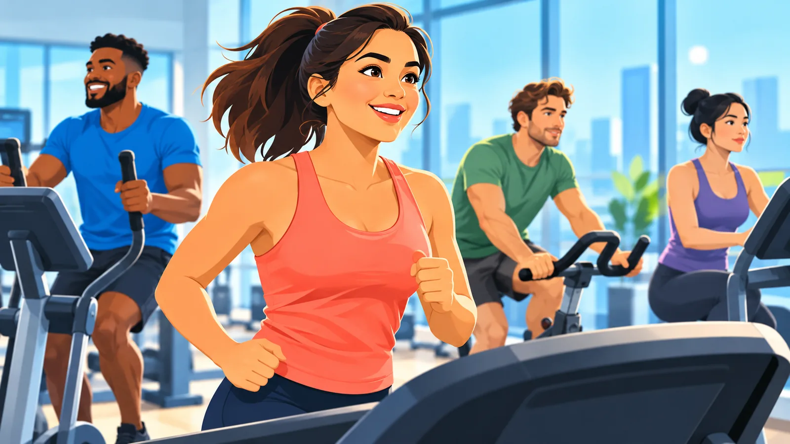 Adults exercising on different cardio machines in a bright gym
