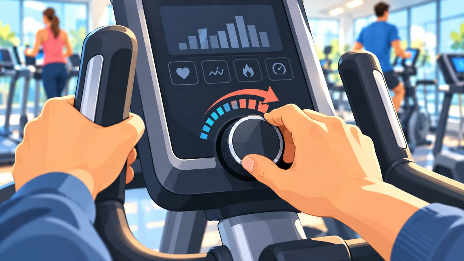 Hand adjusting resistance on a cardio machine console