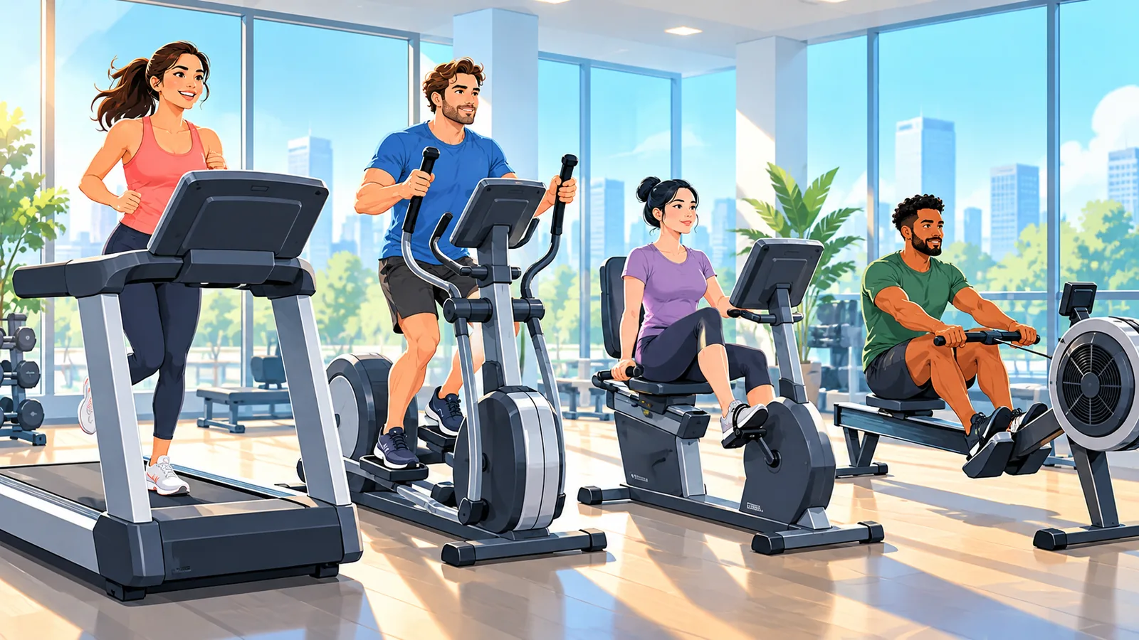 Treadmill, elliptical, recumbent bike, and rower lined up in a gym