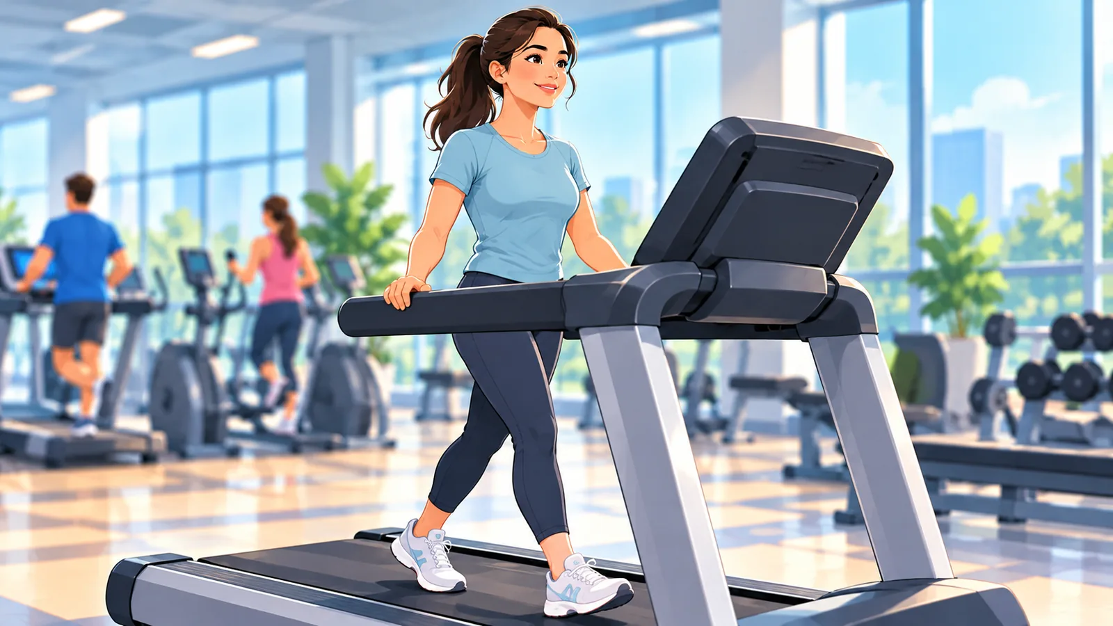 Beginner walking at an easy pace on a treadmill