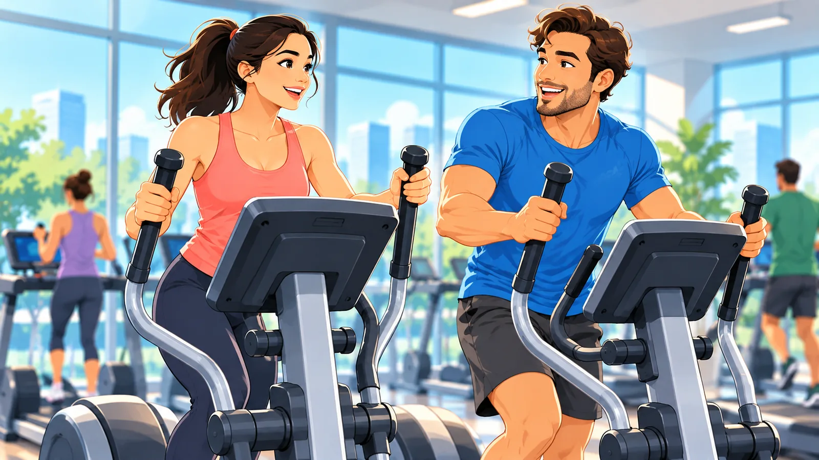 Two people chatting while exercising at a moderate effort on ellipticals