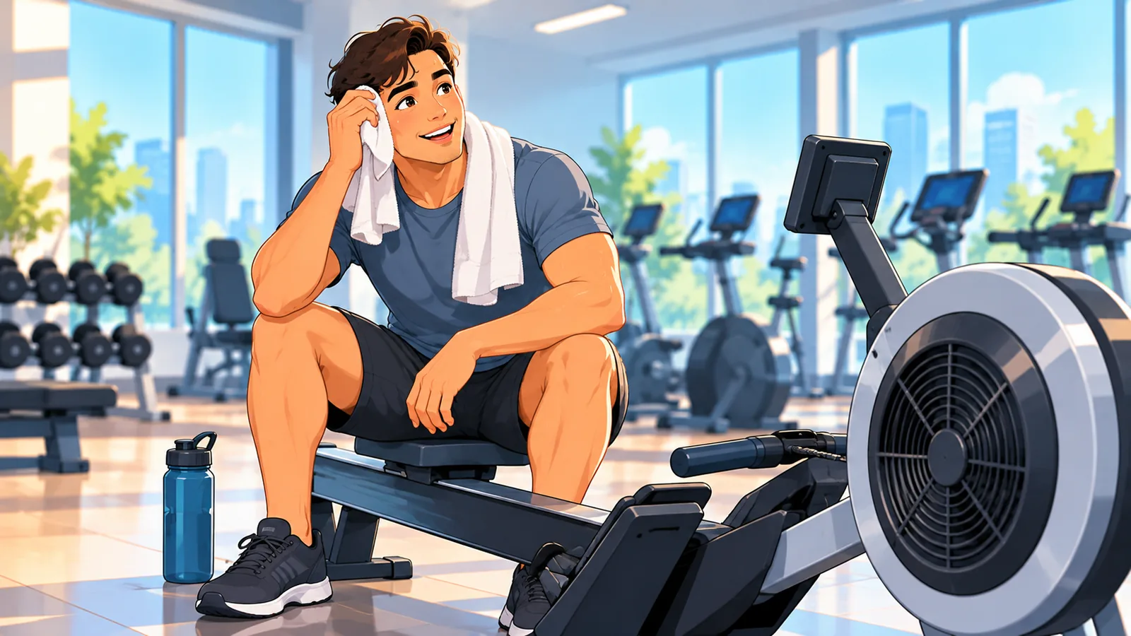Person resting beside a rowing machine and checking how they feel